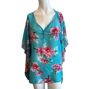 Talbots Womens Small Medium Blue Floral Dolman Sleeve Blouse Sheer Top Oversized